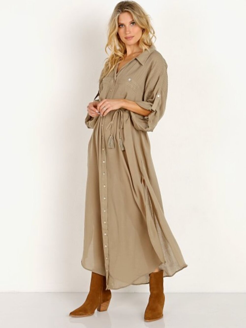 Spell & The Gypsy Linda Shirt Dress Khaki Small Boho Button Front Maxi - Picture 4 of 16
